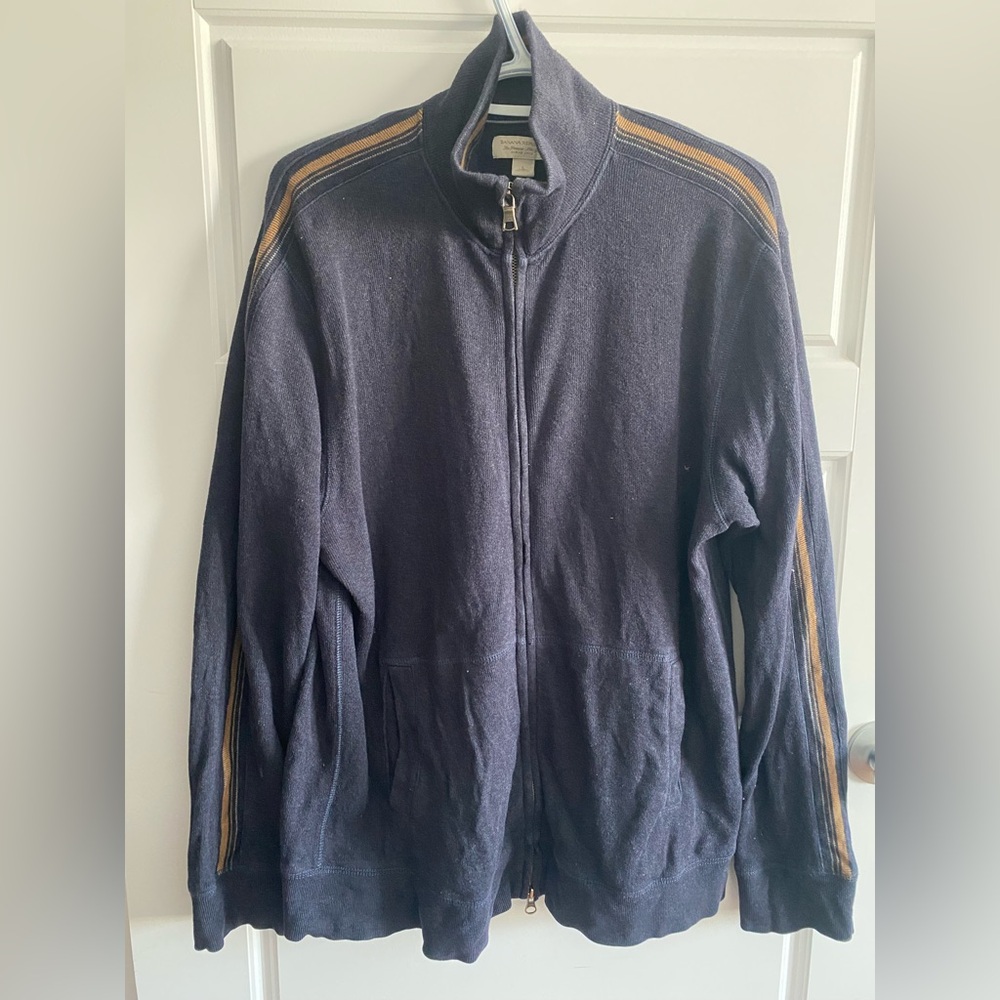 Banana Republic Dark Blue Zip-Up Sweater with Brown Stripes